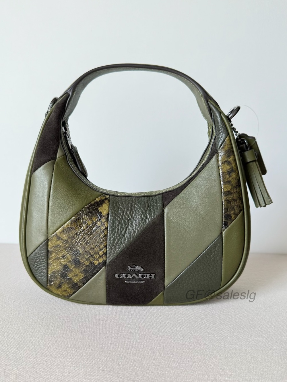 NWT Coach Carmen Mini Crossbody Bag With Patchwork Gunmetal/Olive Green CCE64